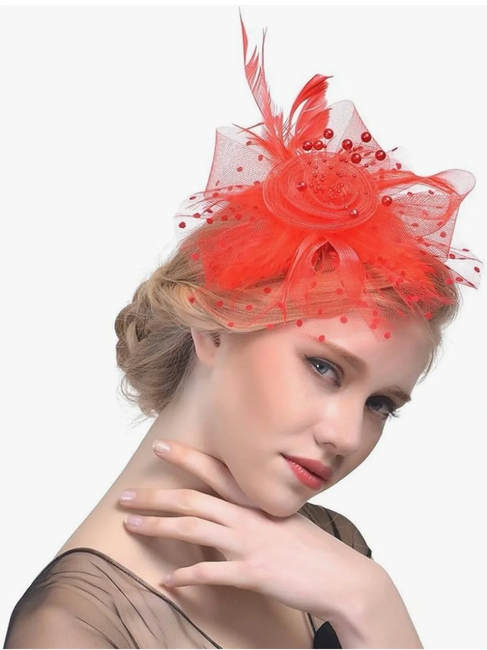 Amazon Red Feather Fascinator Headpiece with Veil Accents